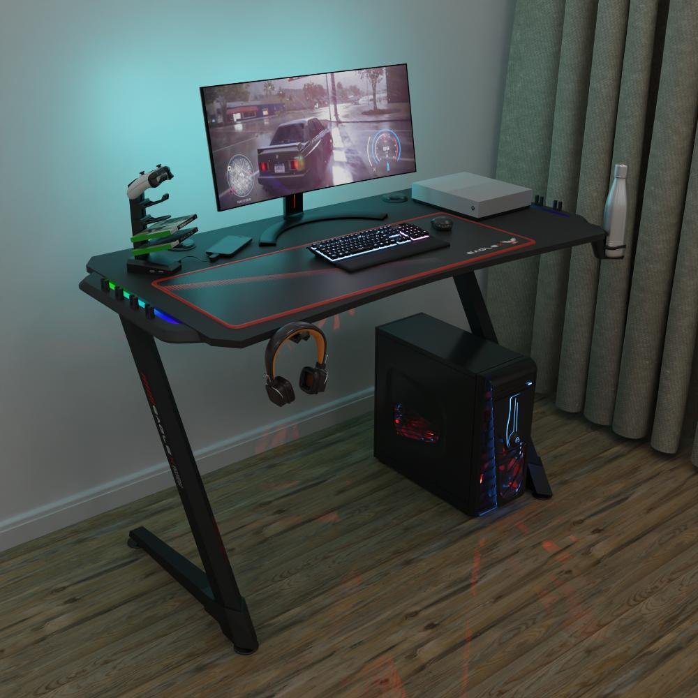 Mesa Gamer Compacta Reta Para 2 Monitores Preto e Vermelho Com Led Rgb - 1