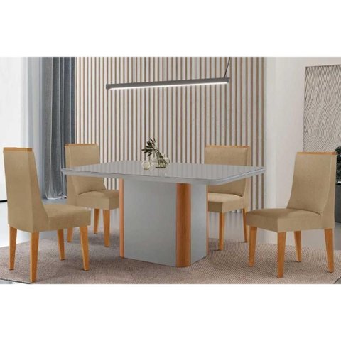 Conjunto: Mesa de Cozinha Pietá c/ Tampo Madeirado c/ Vidro Canto Curvo 120x80cm e 4 Cadeiras