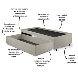 Base Box Cama Solteiro com Gaveta Sapateira 88x188cm Courino - 5