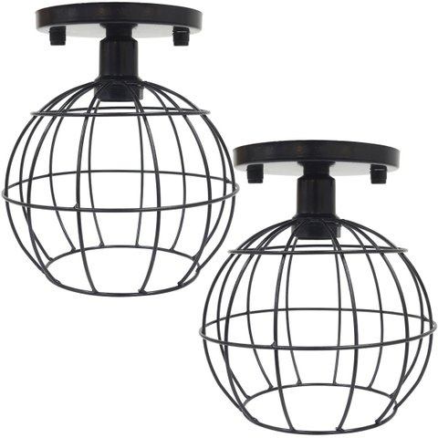 2 Lustres Teto Plafon Industrial Aramado Globo Retrô Luminária Sobrepor Vintage Preto Agp Ilumini