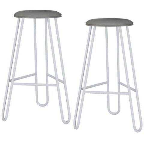 Kit 02 Banquetas Baixa Bar Cozinha Sala de Jantar Áris C01 Branco Courino Cinza - Lyam Decor
