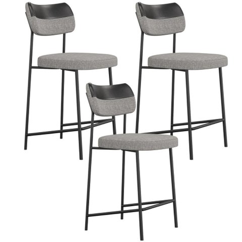 Kit 03 Banquetas Baixa Bar Cozinha Sala Jantar Preto Elira L02 Couríssimo Preto Linho Cinza - Lyam