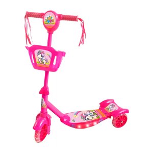 Patinete Infantil 3 Rodas com Luzes Led e Cesta Emite Som - Rosa