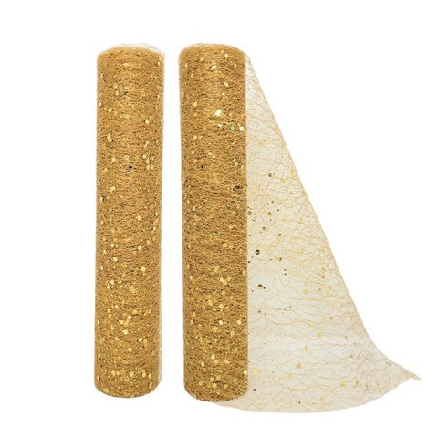 Kit 2 Telas Decorativa Fita Natal Malha Dourado Lantejoulas Brilho Luxo 24cm x 5 Metros – Magizi