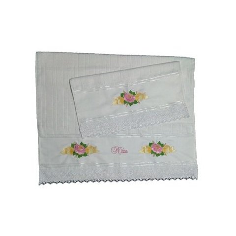 Jogo de Toalhas Bordadas de Banho e Rosto Rosa e Laço. Barra Gripir. Cor Branca. Dohler Artesanalle