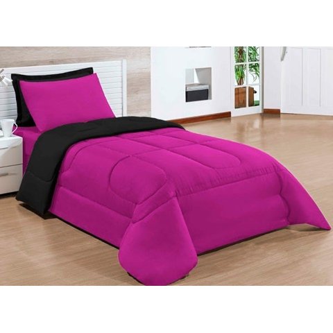 Kit Edredom Dupla Face Ternura Solteiro Preto Pink com 4 peças 150 fios