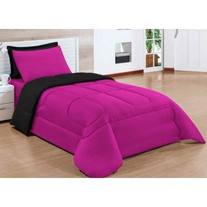 Kit Edredom Dupla Face Ternura Solteiro Preto Pink com 4 peças 150 fios