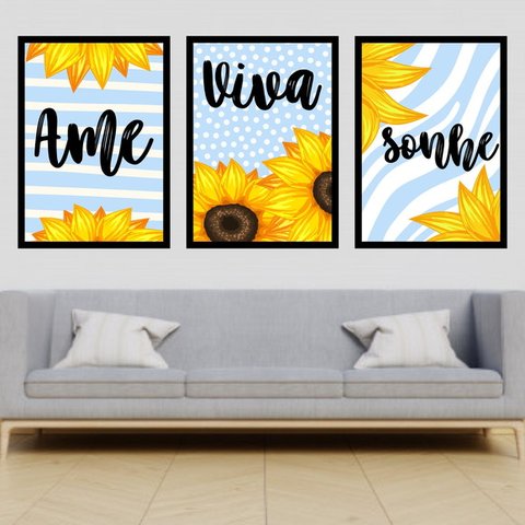 Kit 3 Quadros Girassol Ame, Viva, Sonhe 45x34cm - com vidro:Madeira preta
