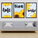 Ver imagem 1 de Kit 3 Quadros Girassol Ame, Viva, Sonhe 45x34cm - com vidro:Madeira preta