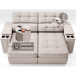 Sofá com Porta Copos e Carregador USB Eureka 1,70m Assento Retrátil e Reclinável Velosuede - 5