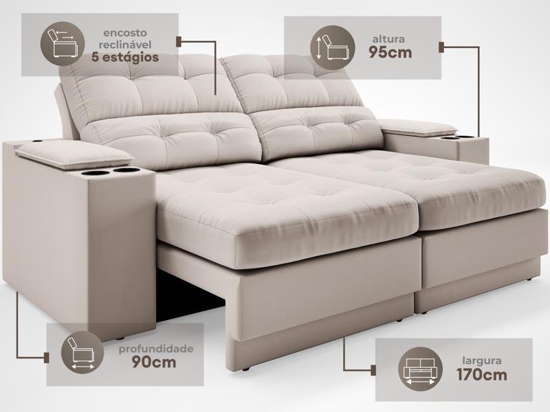 Sofá com Porta Copos e Carregador USB Eureka 1,70m Assento Retrátil e Reclinável Velosuede - 3