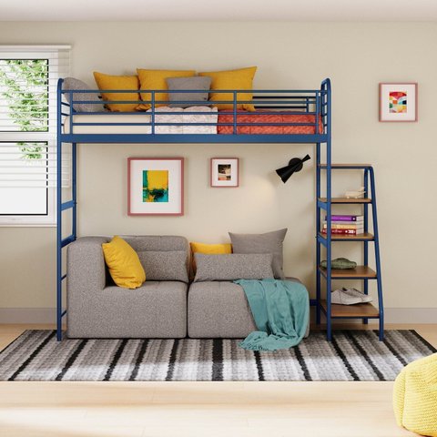 Cama Alta em Ferro Aço Carbono Tubular Teko Casatema MadeiraOriginals Azul/Álamo