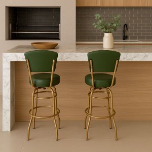 Kit 2 Banquetas Alta Bar Giratória com Encosto Cor Dourado Fosco Assento Grosso Confortável Verde