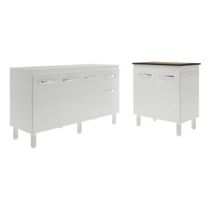Balcão Armário Gabinete para Pia 138 Cm Camila e Balcão Fran para Cooktop 4 Bocas Branco