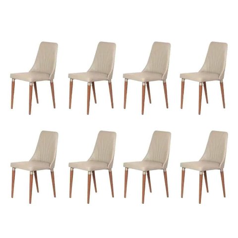 Kit de 8 Cadeiras de Madeira Maciça Estofada Lara - Natural C/ Pu Off White - Champanhe