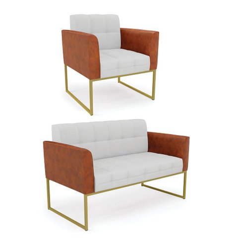 Sofá Namoradeira e Poltrona Base Industrial Dourado Elisa Nozes/linho Cinza A05 D03 - D'Rossi