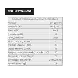 Pressurizador de Água Inova -gp 280 Pps -bivolt - Termoplástica de Alta Performance - com Pressostat - 8