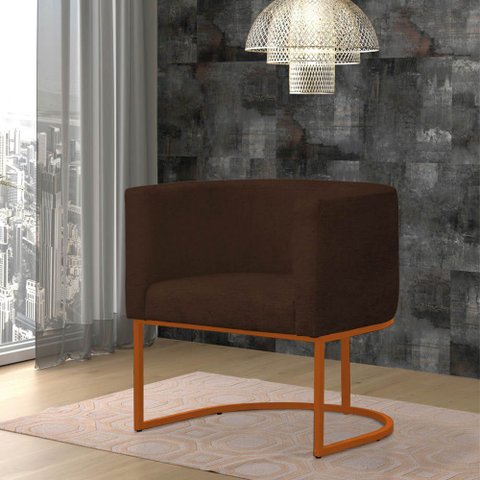 Poltrona Reforçada Decorativa Sala Estar Jantar Gabriela Base Ferro Bronze Suede Marrom