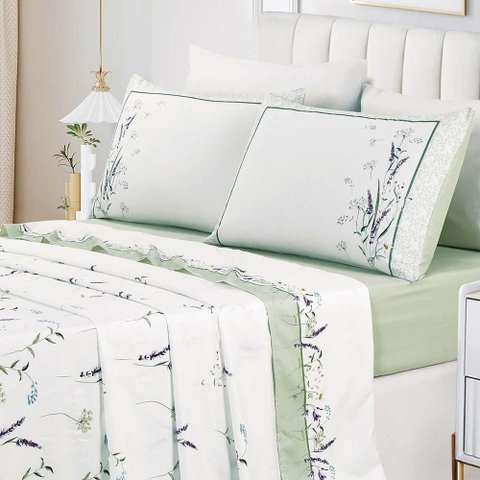 Jogo de Lençol Summer King 4 Peças Micropercal 300 Fios Estampado Floral Verde Lavanda 100% Polié