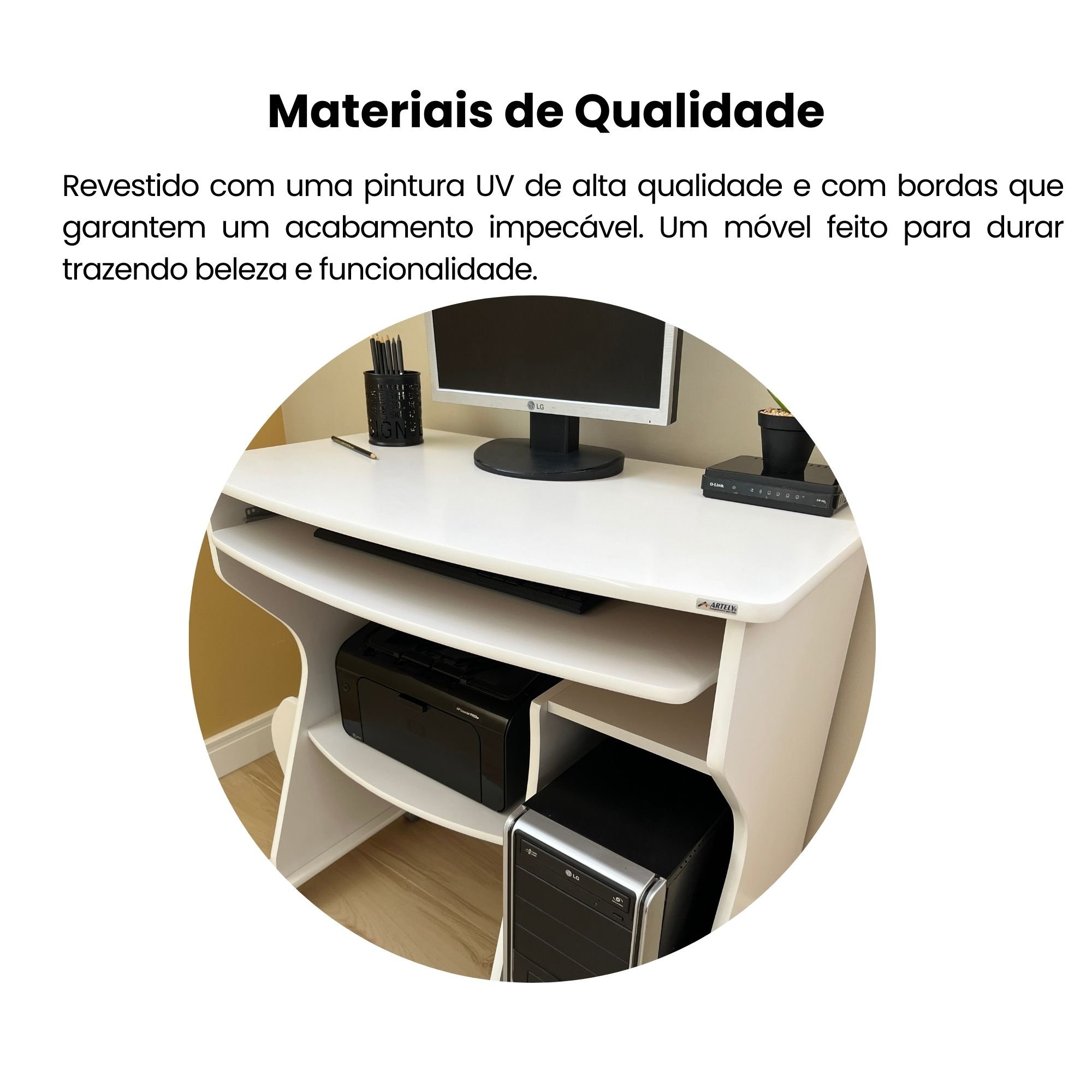 Escrivaninha com Rodinhas, Espaço para Computador, CPU e Suporte para Teclado 160 Artely Branco - 7