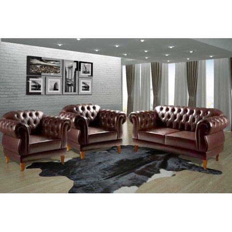 Um Sofá 2 Lugares 1,80cm + Duas Poltronas Chesterfield Elisabeth Corano Café