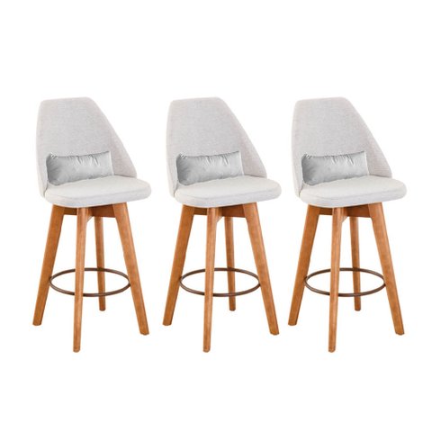Kit 03 Banquetas Alta Maya Giratória Com Encosto Gourmet Linho Bege e Almofada Sintético Branco