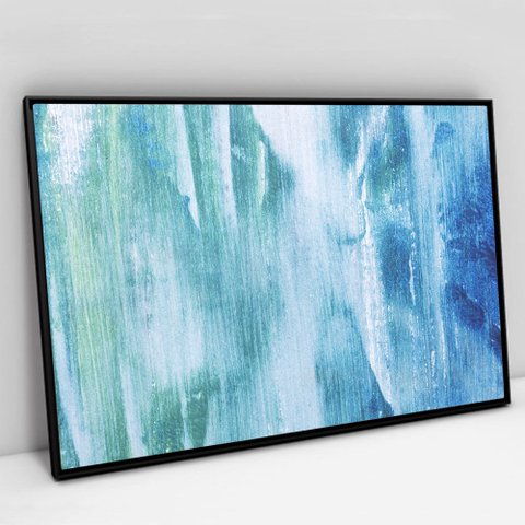 Quadro Decorativo em Canvas Abstrato Pincelada Azul Claro TaColado Moldura Flutuante 4,5cm Preta 90 