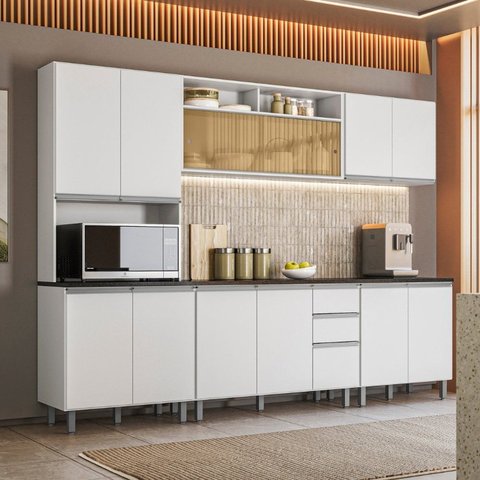 Cozinha Modulada 5 Peças com Aéreo de Vidro Reflecta e Paneleiro Duplo Evidence