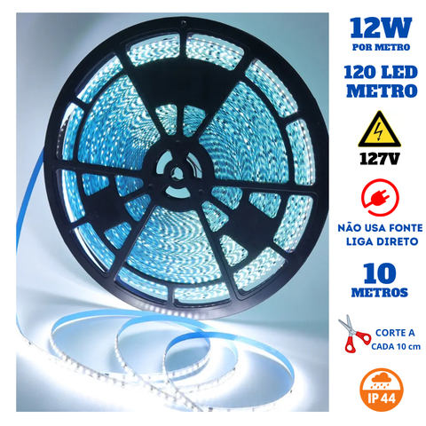 Fita 120 Led's 110v 10 Metros Ip44 3528 12w 6500k Liga Direto