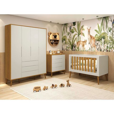 Kit Quarto Infantil Elfe Areia Fosco e Savana - Cômoda 4 Gavetas + Guarda-Roupa + Berço Noah com Pés