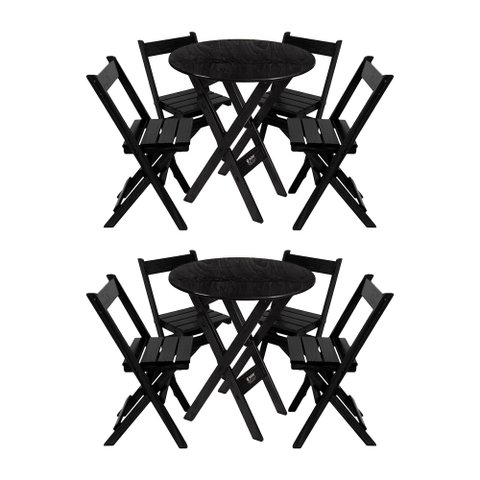 Kit 2 Conjuntos Mesa Redondo 70cm Dobrável com 4 Cadeiras em Madeira Maciça - Preto