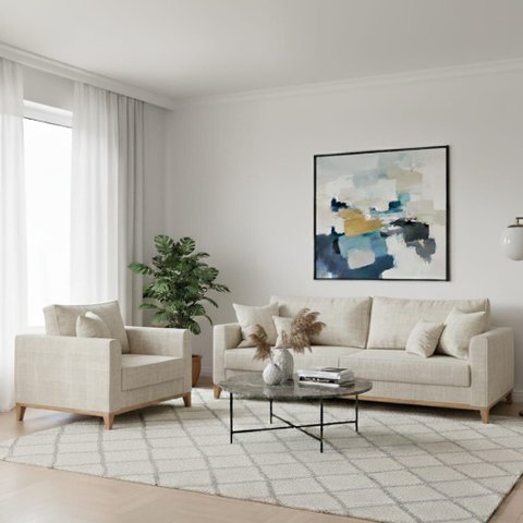 Conjunto de Sofá Beny Cru, 2 Peças, 1 Sofá 1,80m e 1 Poltrona, Tecido Linho.