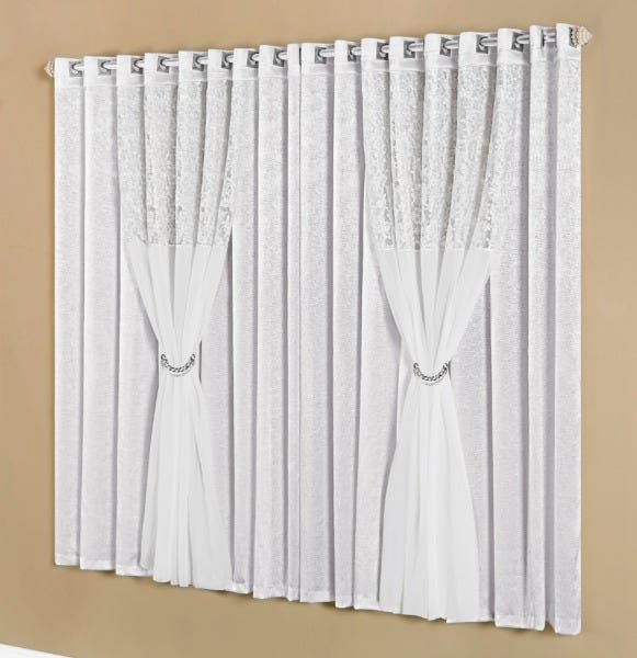 Cortina Jasmini com Renda e Voal 3,00x2,00m Re9casa para Sala ou Quarto - Cor Branco - 1