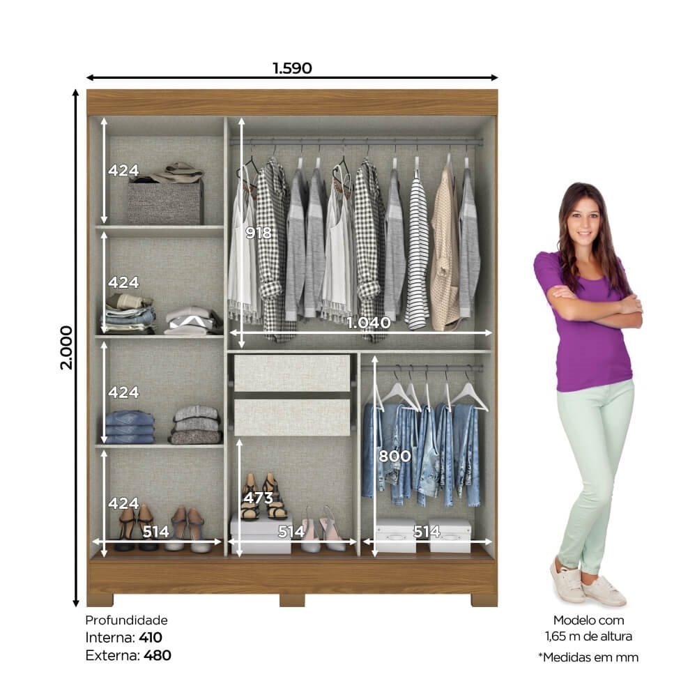 Guarda-Roupa 3 Portas Correr Henn Briz B350-202 2 Gavetas Nature