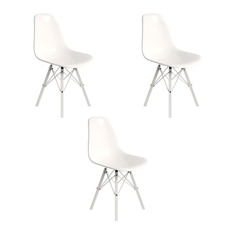 Conjunto 3 Cadeiras Eames Design Moderno Tubo de Ferro Branco Assento Branco