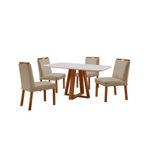 Conjunto Sala de Jantar Mesa Floripa 120x80cm Off White com 4 Cadeiras Pérola Veludo Bege