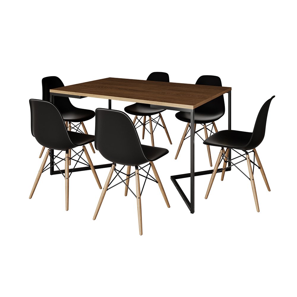 Mesa Jantar Industrial Retangular Amêndoa 137x90cm Base V Ferro Preto com 6 Cadeiras Preta Eames Mad - 2