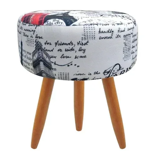 Puff Redondo Suede Estampado Paris Vermelho Pés Palito
