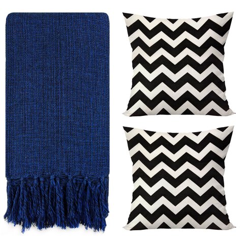 Manta para Sofá Gigante Decorativa Azul Escuro 240x180 Modelo:kit Manta + Capa Preta