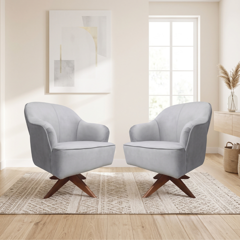 2 Poltronas Decorativas Cinza Base Giratória em Madeira Sol - Harmônica Móveis
