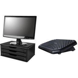 Conj Suporte Para Monitor Em Mdf Black Piano Com 3 Gavetas Black Piano + Apoio Para Os Pés -plástico - 1