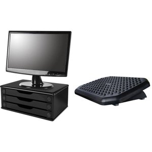 Conj Suporte Para Monitor Em Mdf Black Piano Com 3 Gavetas Black Piano + Apoio Para Os Pés -plástico