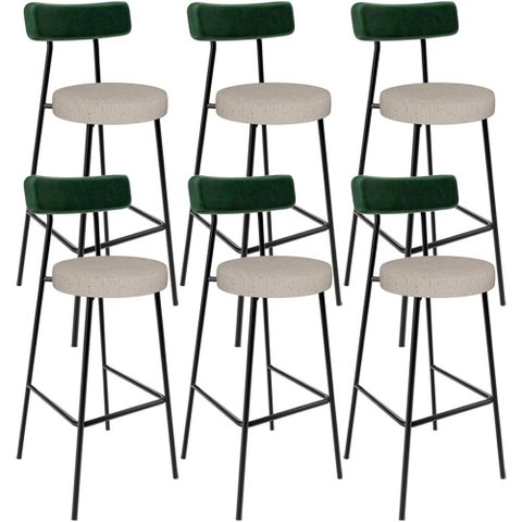 Kit 06 Banquetas Alta Bar Cozinha Sala Jantar Milão L02 Facto Verde Musgo Linho Bege - Lyam Decor