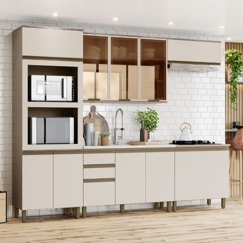 Cozinha Modulada 271,5cm Completa com Vidro 5 Peças 12 Portas 2 Gavetas Connect Henn - Duna/cristal