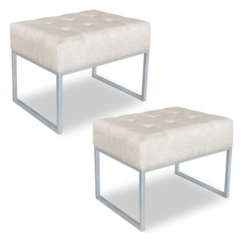 Kit 02 Puffs Lisa Suede Base Metálica Industrial Prata - Pallazio Bege