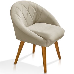 Poltrona Sala Decorativa Louis Veludo Bege Pés Palito Castanho