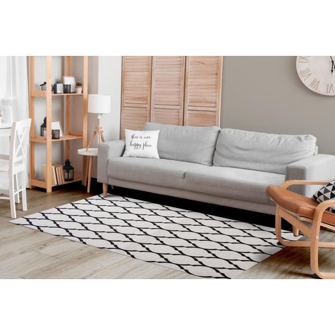 Tapete Sala ou Quarto Antiderrapante 1,00M x 1,32M Arabesco Geométrico Branco e Preto