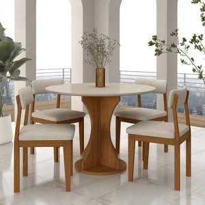 Mesa Redonda Cosença com 4 Cadeiras Estofadas Fre/off/s.bege - M.a Freijó/off Premium/bege