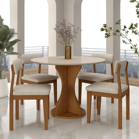 Mesa Redonda Cosença com 4 Cadeiras Estofadas Fre/off/s.bege - M.a Freijó/off Premium/bege