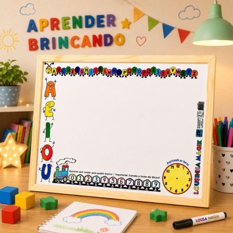 Lousa Quadro Branco Infantil Educativa Magik Moldura Madeira Alfabeto Numeros Relogio Aprendizado Ki